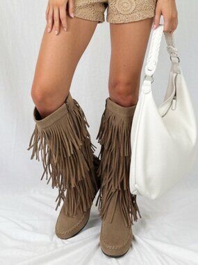 Refresh Jolen Tan Fringe Calf Flat Faux Leather Festival Boho Boots NEW 8.5